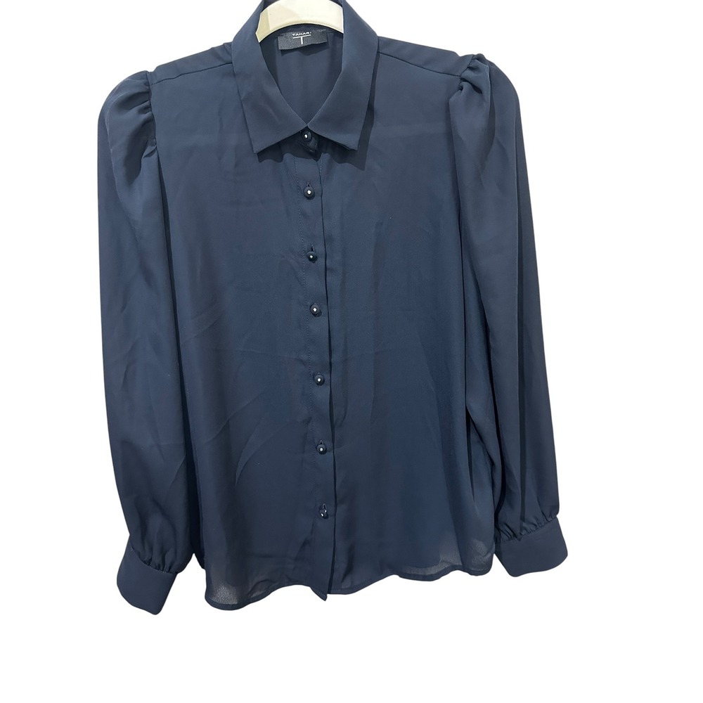 Tahari Navy Blue Puff Shoulder Button Down Blouse Stud Detail Top TH11221 Small